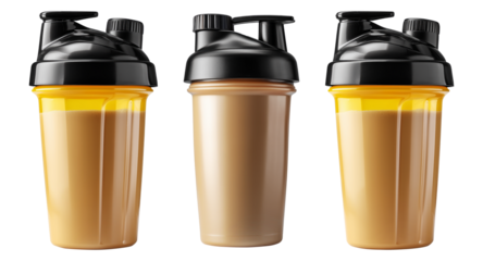 Shaker cup filled with chocolate protein shake, isolated on white transparent background, concept of fitness nutrition
