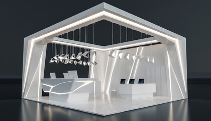 Sleek trade show booth showcasing modern design and technology, inviting visitors to explore innovative products and services at the expo with confidence