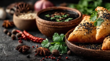 Aromatic Indian samosas are presented alongside star anise, red pepper, and a savory sauce, creating a culinary scene of rich flavors and texture