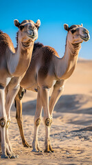 Line of camels gracefully walking on a sandy desert during a stunning sunset vertical 