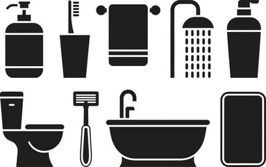 Silhouette Bathroom and Hygiene Icons Set. Toilet, Shower, Toothbrush, Hygiene Products Vector Illustration