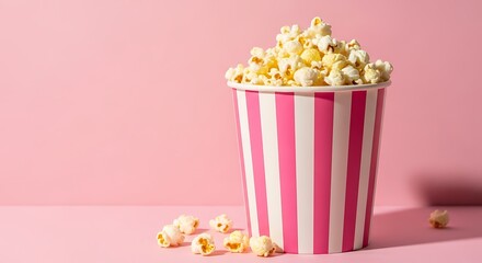 Pink and white striped popcorn tub overflowing with snacks
