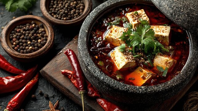 A rustic bowl of mapo tofu, a popular Sichuan dish, sits amongst dried chili peppers and spices, showcasing a blend of authentic and fiery flavors
