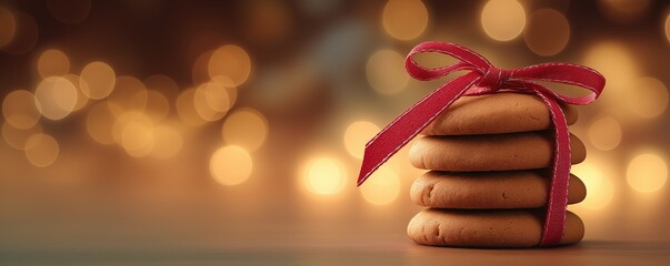 Pile of christmas cookies with red festive ribbon  