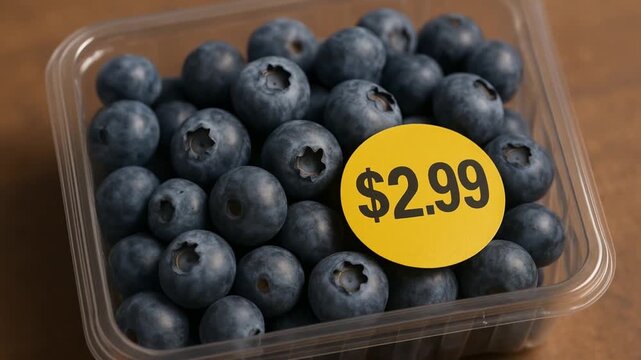 cost living groceries concept. Fresh blueberries in a plastic container with a price tag.