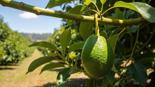 Growing avocado in sunny orchard capturing maturation process in nature