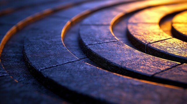 Close-up of a textured, circular architectural structure with a gradient of blue and gold lighting. - Powered by Adobe