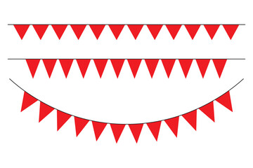 Fototapeta premium Bunting flag decoration party hanging on rope. Red triangle flags. Red triangle flags hanging on white background. Christmas or birthday, Party decoration. 