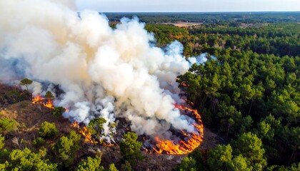 Fototapeta premium A forest fire burns with intense flames and heavy white smoke, consuming part of the green wooded area