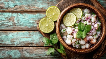 A tantalizing bowl of fresh ceviche, garnished with vibrant lime and mint, sits atop a rustic wooden surface, inviting a taste of its seafood culinary delight
