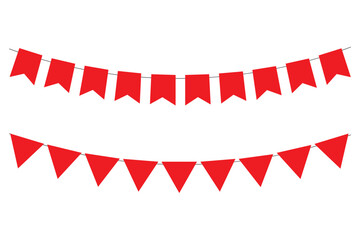 Obraz premium Bunting flag decoration party hanging on rope. Red triangle flags. Red triangle flags hanging on white background. Christmas or birthday, Party decoration. 