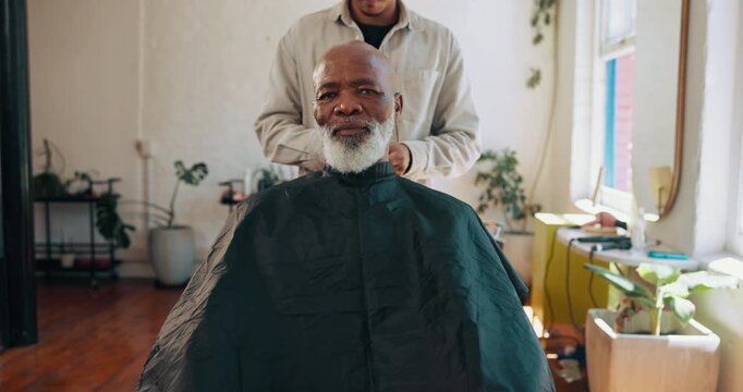 Barbershop, happy and man with barber, face or consultation for hair maintenance, bib or appointment. Salon, haircut and people with cape for hairstyle, haircare and hairdresser with mature client
