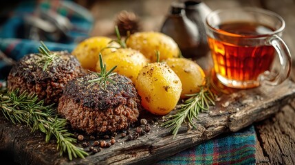 A rustic composition featuring traditional Scottish haggis alongside buttered potatoes, garnished with rosemary, and complemented by a warm drink on aged wood