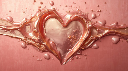 Rose gold liquid heart splash on pink background, love concept