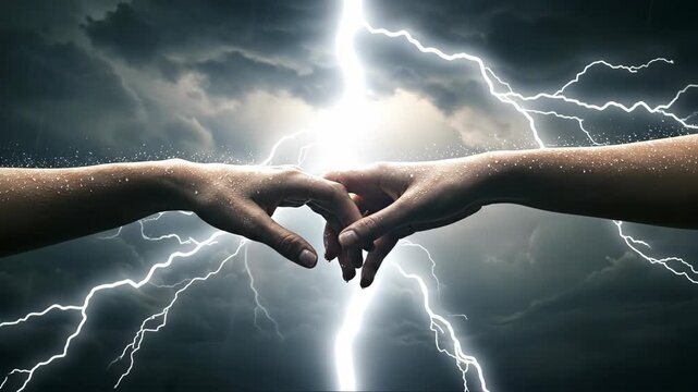 Two hands reaching for each other in a dramatic, stormy atmosphere.
