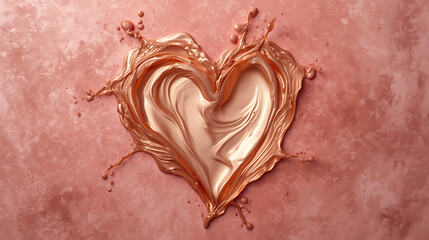 Metallic rose gold liquid heart splash on textured pink background