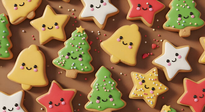 Festive christmas cookies with smiling faces arranged on brown surface creating a cheerful and celebratory holiday atmosphere, perfect for seasonal greetings.