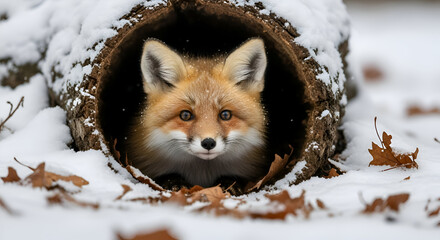 Red fox peeks out from snowy log in winter forest, creating a cozy and peaceful scene with a touch of wild beauty and resilience.