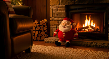 Santa claus plush toy sits near a warm fireplace in a cozy living room during the christmas season, creating a festive and inviting atmosphere.