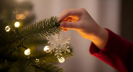 Child delicately hangs a snowflake ornament on a Christmas tree branch adorned with warm glowing lights, creating a festive and heartwarming holiday scene.