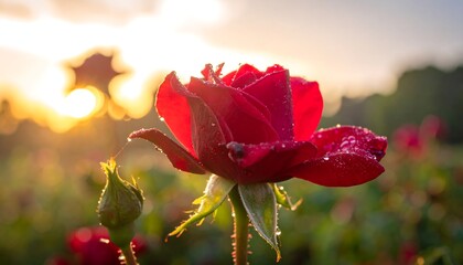 A red rose glistens with dew at sunset in a garden, with a blurred background of foliage and sky