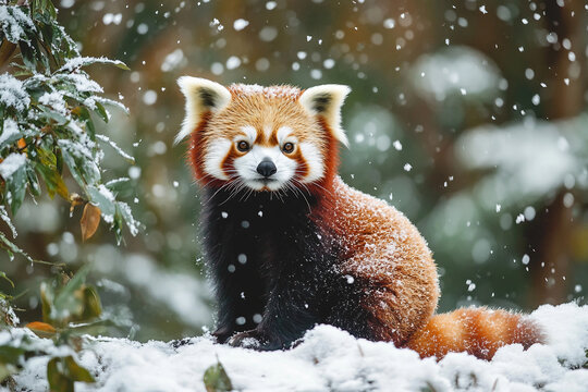 Red panda in snowy forest during winter looking directly at camera with adorable expression, generative ai wildlife