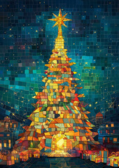 mosaic-style Christmas night scene featuring a glowing Christmas tree made of colorful tiles, surrounded by festive elements and a serene holiday atmosphere. It combines vibrant colors, intricate patt