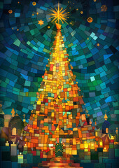 mosaic-style Christmas night scene featuring a glowing Christmas tree made of colorful tiles, surrounded by festive elements and a serene holiday atmosphere. It combines vibrant colors, intricate patt