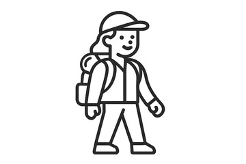 Minimalist outline drawing of a female hiker walking with a large backpack and wearing a cap