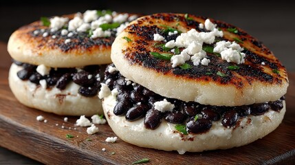 Grilled arepas filled with cheese, black beans, queso fresco, and parsley. A delicious culinary experience