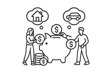 Couple saving money in a piggy bank planning future financial goals like buying a house