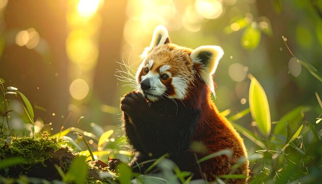 A furry red panda sits amidst greenery, dappled by sunlight in a lush, forest-like habitat