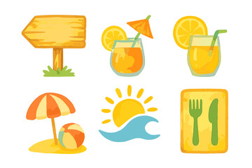 Summer vacation elements set with watercolor texture: beach umbrella, tropical drinks, wooden sign