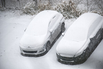 Snow Covered Cars Rest in a Quiet Winter Parking Lot After Fresh Snowfall