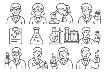 Scientific research, laboratory work, chemists, and essential lab apparatus icons