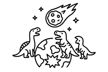 Cartoon dinosaurs standing on Earth watching a large asteroid falling from space