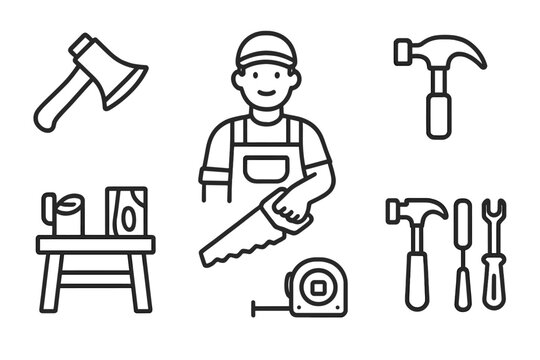 Smiling carpenter holding a saw with various construction and woodworking tools