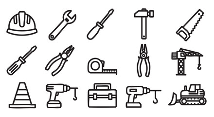Construction Tools and Equipment Icons in Black and White Sketch