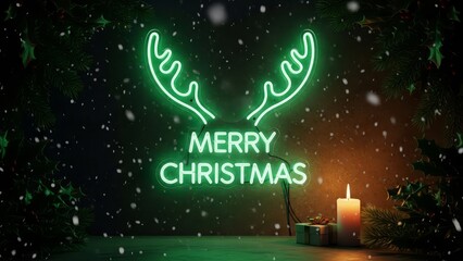 Festive christmas scene with neon reindeer antlers and merry christmas sign in green with snow