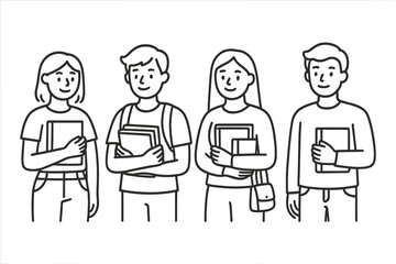 Four diverse students standing together holding books and notebooks ready for class