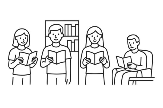 Diverse young adults reading books together in a library or study area setting