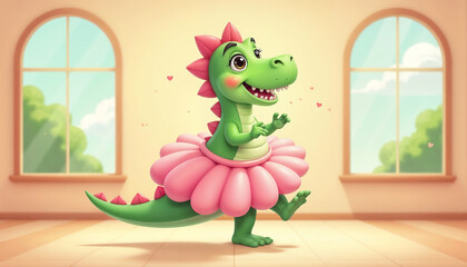 Cute Cartoon T-Rex in Pink Tutu Doing Ballet in Dance Studio