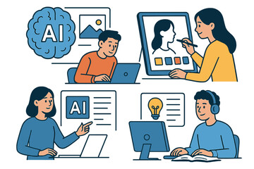 Diverse professionals using artificial intelligence technology for creative digital design and professional development