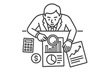 Businessman analyzing financial documents and bar graphs with a magnifying glass