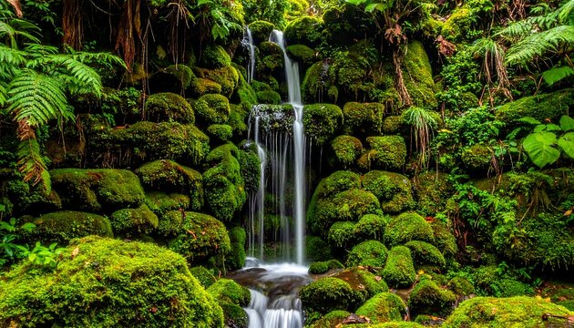 A long exposure shot of a waterfall cascading over moss-covered stones in a lush, green, forest setting