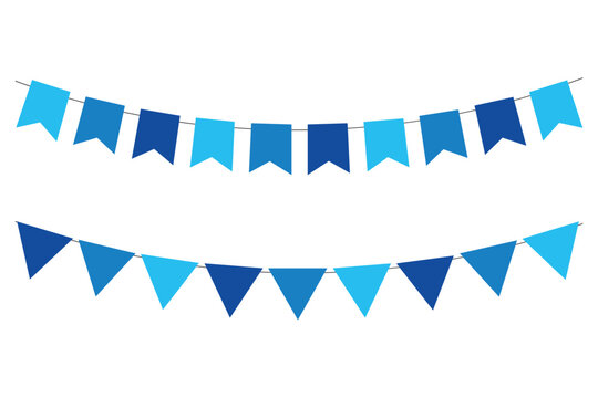 Bunting Banner with Triangle Shape Flags - Decorative bunting banner in shades of blue hung on a thin string. Festive bunting flags. Carnival garland with flags. Festive buntings for holiday design. 