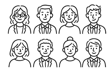 Simple line art avatar portraits of diverse smiling workers and business professionals