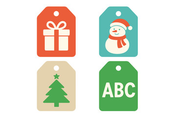 Colorful Christmas and holiday gift tags featuring snowman, present, and evergreen tree designs