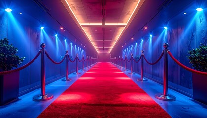 A long hallway with a red carpet lined by velvet ropes, illuminated by neon, blue, and red lights