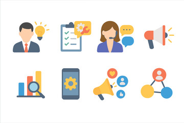 Collection of business icons representing customer support, data analysis, and social media promotion